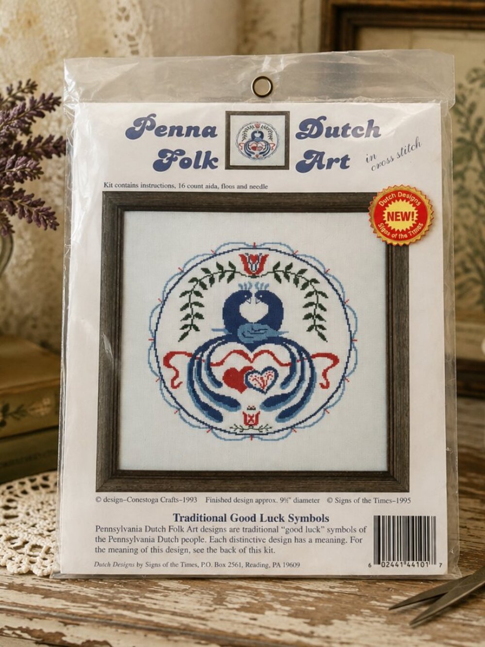 Vintage 1995 Pennsylvania Dutch Folk Art Cross Stitch Kit Good Luck Symbols**